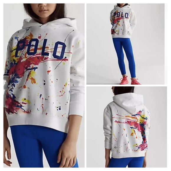 POLO‎ RALPH LAUREN 6Y CROPPED SWEATSHIRT  Paint-Splatter Fleece Hoodie Spell Out - Picture 1 of 11
